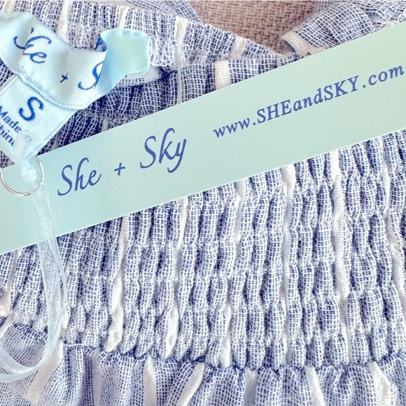 **NWT She and Sky Bow Front Detail Puff Sleeve Stripe Off the Shoulder Shirt - Picture 7 of 9